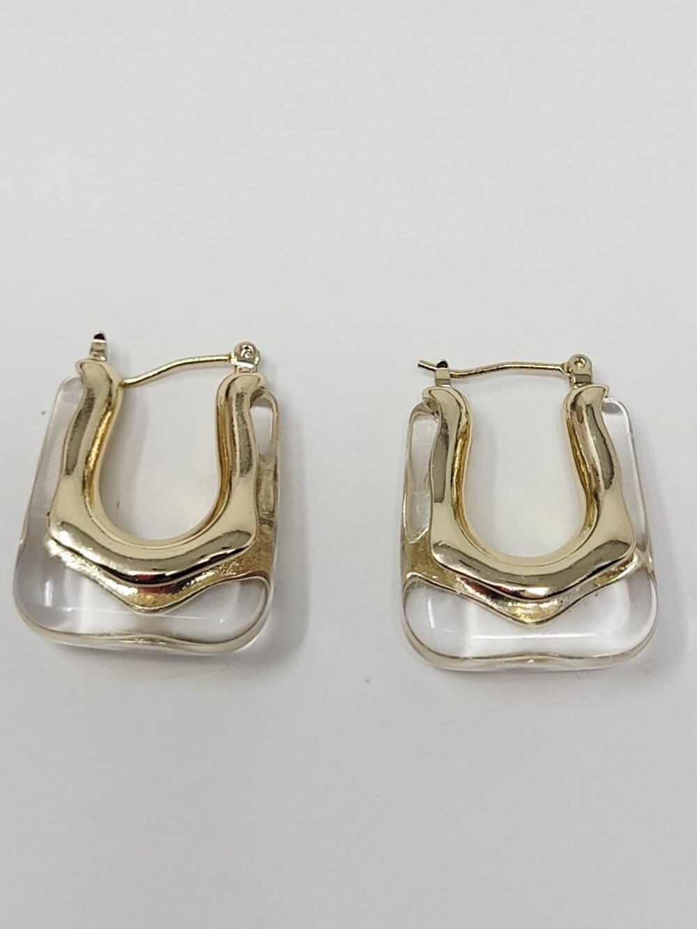 Gold Tone & Clear Acrylic Hoop Earrings Chunky Modern Minimalist